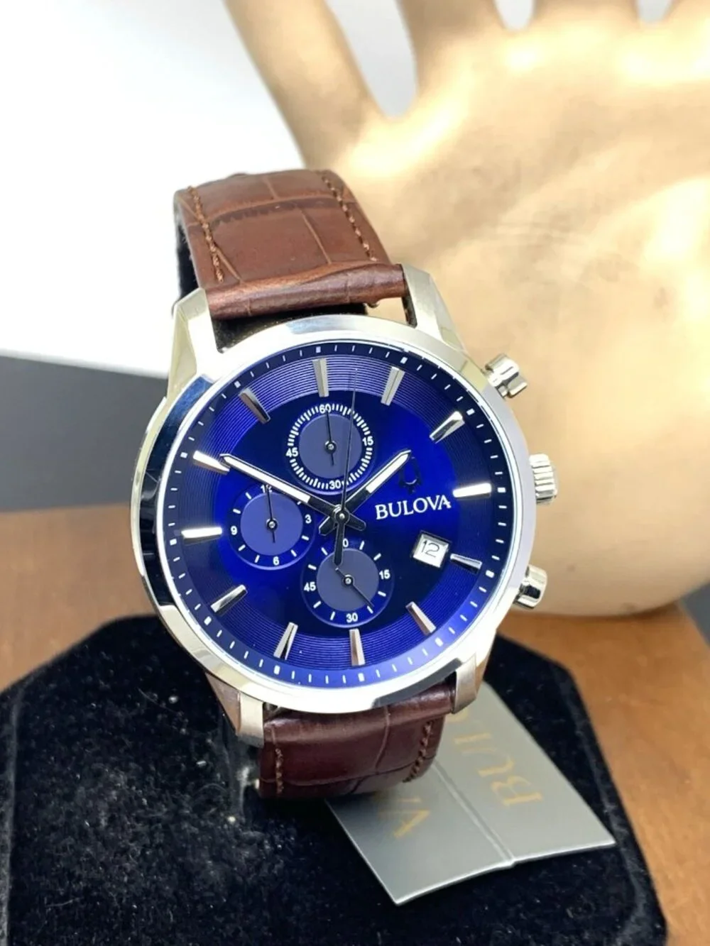 Bulova Men's Watch 96B402 Chronograph Quartz Blue Dial Brown Leather Strap 41mm
